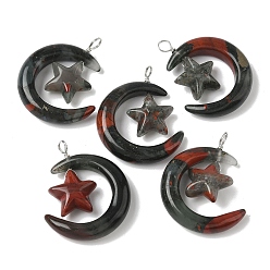 Гелиотроп Подвески из натурального африканского кровавика, луна со звездными чарами, с петлями из медной проволоки, платина, 36~37x27~28x7.5~8 мм, отверстие : 4 мм