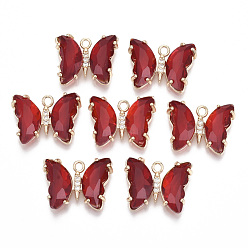 (123L) Белый крем непрозрачный блеск Стеклянные подвески, с фианитом из микропаве и открытой спинкой из латуни, граненые, бабочка, золотой свет, огнеупорный кирпич, 15.5x20x4 мм, отверстие : 1.8 мм