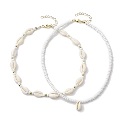 Белый 2 шт. богемные ожерелья с подвеской из натуральной ракушки каури, Праздничные пляжные стеклянные бусы, ожерелья из бисера для женщин и девочек, белые, 15.75 дюйм ~ 16.65 дюйм (40~42.3 см)