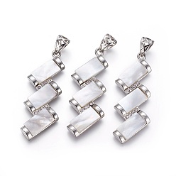 White Shell Natural White Shell Mother of Pearl Shell Big Pendants, with Platinum Tone Brass Findings and Rhinestone, Wave, 52.5~53x18.5x3.5mm, Hole: 4.5x6.5mm