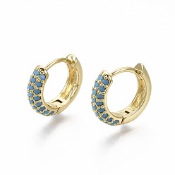 Light Sky Blue Brass Micro Pave Cubic Zirconia Huggie Hoop Earrings, Real 18K Gold Plated, Nickel Free, Ring, Light Sky Blue, 13x15.5x4mm, Pin: 0.8mm