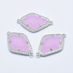 Pearl Pink Brass Micro Pave Cubic Zirconia Links, with Glass, Faceted, Rhombus, Platinum, Pearl Pink, 33x20x5mm, Hole: 1.6mm