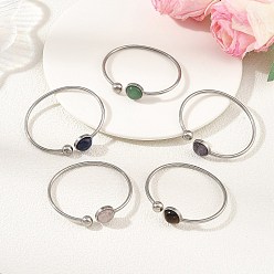 Mixed Stone 304 Stainless Steel Cuff Bangles for Women, with Flat Round Natural Mixed Gemstone, Stainless Steel Color, Inner Diameter: 1.81x2.15 inch(4.6x5.45cm)