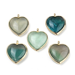 Флюорит Естественный зеленый подвески флюорита, с подвесками в виде сердечек из латуни с покрытием стойки, золотые, 24.5x21.5x8 мм, отверстие : 2.2 мм