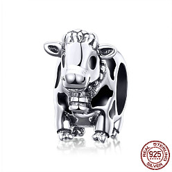Antique Silver 925 Sterling Silver European Beads, with Enamel, Large Hole Beads, Cattle, Antique Silver, 10x6mm, Hole: 4.2~4.5mm