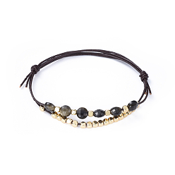 Obsidian Rindslederband Armbänder, mit natürlichen facettierten Obsidianperlen und Messingwürfelperlen, 2-1/4 Zoll (5.7 cm)