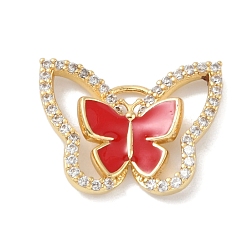 FireBrick Rack Plating Brass Micro Pave Clear Cubic Zirconia Pendants, with Enamel, Long-Lasting Plated, Lead Free & Cadmium Free, Real 18K Gold Plated, Butterfky, FireBrick, 15x19.5x3mm, Hole: 1.4mm