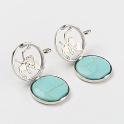 Синтетическая Бирюза Синтетические бирюзовые подвески, С выводами медальона из медных рассеивателей, плоские круглые с ангелом, 31x26x8 мм, отверстие : 4 мм