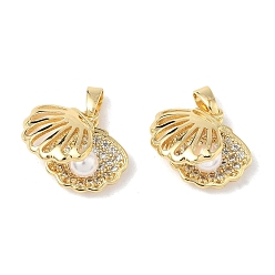 Золотой Латунные микро проложить кубического циркония подвески, подвески в форме ракушек, с абс пластмассовой имитационной жемчужиной, без свинца и без кадмия, долговечный, стойки покрытие, золотые, 13.5x14.5x7 мм, отверстие : 4x2.5 мм