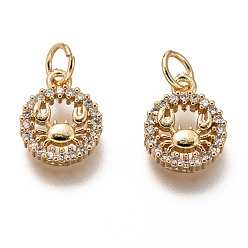 Golden Brass Micro Pave Clear Cubic Zirconia Charms, Long-Lasting Plated, with Jump Ring, Flat Round with Crab, Golden, 12x9x2.5mm, Jump Ring: 5x1mm, 3mm Inner Diameter
