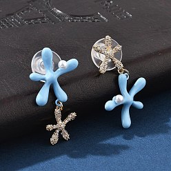 Морская звезда Латунь кубического циркония серьги стержня, с имитацией жемчуга, серия океана, золотые, морская звезда, 33x16 мм