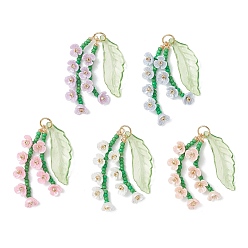 (52) Непрозрачная лаванда Стеклянные подвески из бисера, цветочный шарм, с использованием смолы, акрила и 304 соединительного кольца из нержавеющей стали., золотые, разноцветные, 36x6x6.5 мм, отверстие : 4 мм