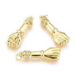 Настоящее золото 18K Латунные микропаве прозрачные подвески с фианитом, с прыжковых колец, рука, реальный 18 k позолоченный, 24.8x8.3x4.5 мм, Перейти кольцо: 4.4x0.6 мм, отверстие : 3.2 мм