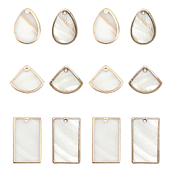 Seashell Color 12Pcs 3 Style Natural Freshwater Shell Pendants, Brass Edge Golden Plated, Seashell Color, 4pcs/style