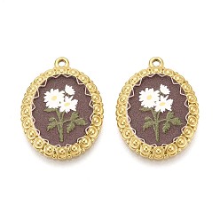 Кокосово-Коричневый Винтажный печатный стиль 304 овал из нержавеющей стали с подвесками в виде подсолнухов, ионное покрытие (ip), реальный 18 k позолоченный, кокосового коричневый, 30.5x22x2.5 мм, отверстие : 1.6 мм