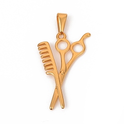 Golden 304 Stainless Steel Pendants, Comb and Scissors, Golden, 33.5x21.5x1.5mm, Hole: 3.5x6.5mm