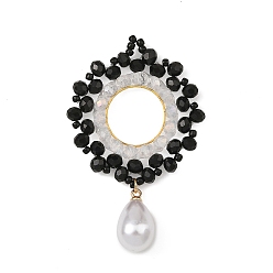 Black Glass & Brass Pendants, Ring with Teardrop Charms, with ABS Plastic Pearl, Faceted, Black, 58x37x10mm, Hole: 3x4mm