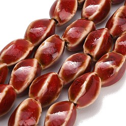 Red Vintage Handmade Porcelain Beads Strands, Fancy Antique Glazed Porcelain, Twist Oval, Red, 16x9~10x9~10mm, Hole: 1.6mm, about 24pcs/strand, 14.33''(36.4cm)