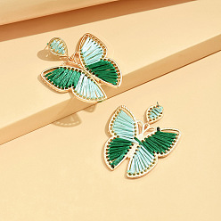 Темно-Зеленый Серьги-гвоздики в богемном стиле из сплава и хлопка., плетеная бабочка, золотые, темно-зеленый, 57x48 мм