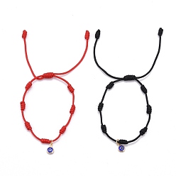 Mixed Color Adjustable Nylon Thread Charm Bracelets, Lampwork Flat Round with Evil Eye, Mixed Color, Inner Diameter: 1-3/4~3-5/8 inch(4.6~9.2cm), 2pcs/set