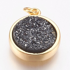 Black Brass Charms, with Druzy Resin Cabochon, Flat Round, Golden, Black, 14x11.5x3mm, Hole: 2mm