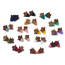 Mixed Color Resin & Walnut Wood Stud Earring Findings, with 304 Stainless Steel Pin and Hole, Two Tone, Tree, Mixed Color, 15.5x13.5mm, Hole: 1.8mm, Pin: 0.7mm