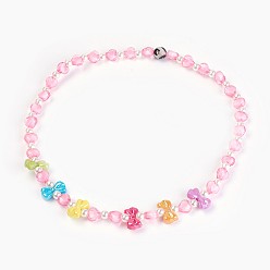 Pink Acrylic Beads Kids Necklaces, with Natural Agate Beads, Bowknot & Heart & Round, Pink, 19.29 inch(49cm)