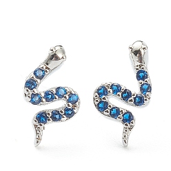 Синий Латунные микро проложить серьги стержня кубического циркония, змея, Реальная платина, синие, 8x4.5 мм, штифты : 0.8 мм