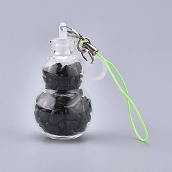 Obsidian Transparent Glass Wishing Bottle Pendant Decoration, with Natural Obsidian Chips inside, Plastic Plug, Nylon Cord and Iron Findings, Gourd, 111~130mm