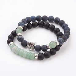 Aventurin Edelstein-Stretch-Armbänder, mit natürlichen grünen Aventurin, Legierung Eule Perlen, Sackleinenverpackung, 2 Zoll (52 mm)