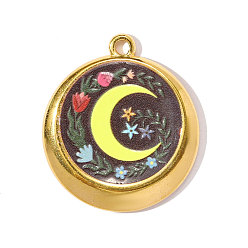 Луна Печатные 304 подвески из нержавеющей стали, плоские круглые прелести, реальный 18 k позолоченный, ионное покрытие (ip), луна, 27x24 мм