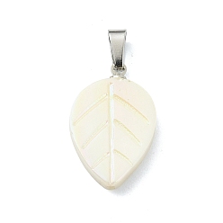 Нержавеющая Сталь Цвет Резные подвески из натуральных пресноводных ракушек, Подвески в виде листьев с 304 защелкивающимися креплениями из нержавеющей стали, цвет морской раковины, цвет нержавеющей стали, 21.5x13.5x3.5 мм, отверстие : 5.5x3 мм