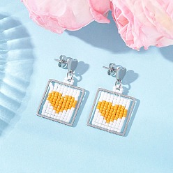 Оранжевый Серьги-гвоздики с подвесками в форме сердца из квадратного стеклянного бисера ручной работы, цвет нержавеющей стали, оранжевые, 33.5x20.5 мм