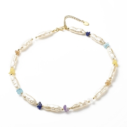 Mixed Stone ABS Imitation Pearl & Natural Mixed Gemstone Chips Beaded Necklace for Women, 16.69 inch(42.4cm)
