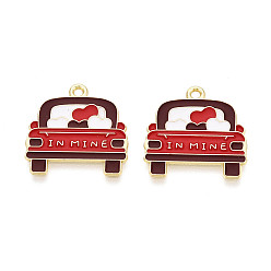 (123L) Белый крем непрозрачный блеск Подвески из сплава с эмалью ко дню святого валентина, машина с сердечками, золотые, огнеупорный кирпич, 22x22x1 мм, отверстие : 1.8 мм