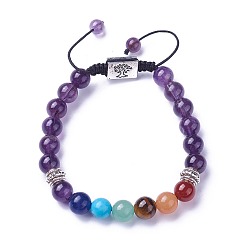 Amethyst Chakra Jewelry, Natural & Synthetic Mixed Stone Braided Bead Bracelets, with Natural Amethyst, Alloy Findings and Nylon Cord, Rectangle with Tree, 52~76mm