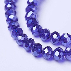 Medium Blue Electroplate Glass Beads Strands, Pearl Luster Plated, Faceted, Rondelle, Medium Blue, 3x2mm, Hole: 0.8mm, about 150~155pcs/strand, 15~16 inch(38~40cm)