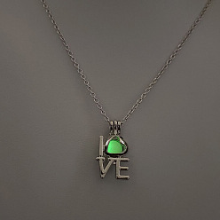 Слово Сплав с люминесцентной смоляной бусиной внутри подвески ожерелья для женщин и мужчин, платина, Слово любовь, 17.72 дюйм (45 см)