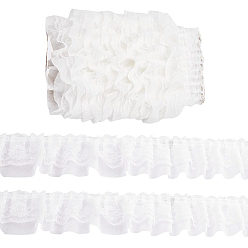White 5M Double-Layer Pleated Polyester Chiffon Lace Trim, for Costume Decoration, with 1Pc Display Cards, White, 2 inch(50mm)