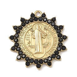 Настоящее золото 18K 304 подвески из нержавеющей стали и страз, солнце с шармом святого бенедикта, вакуумное покрытие pvd, струя, реальный 18 k позолоченный, 25.5x24.5x2.5 мм, отверстие : 1.6 мм