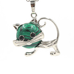 Malachite Synthetic Malachite Pendants, with Platinum Plated Brass Findings, Cat Shape Charms, 35x29x10mm