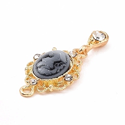 Slate Gray Alloy Cameo Oval Resin Pendants, Woman Lady Head Charms, Golden, with Glass, Slate Gray, 21x13x4mm, Hole: 1mm