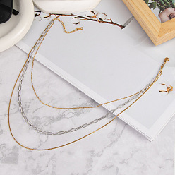 Золотой & Цвет Нержавеющей Стали Модная цепочка из нержавеющей стали 3 многослойные ожерелья для женщин, золотые и нержавеющая сталь цвет, 14.57 дюйм (37 см) ~ 18.90 дюйм (48 см)