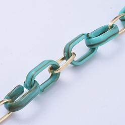 Turquoise Handmade Paperclip Chains, Drawn Elongated Cable Chains, with Aluminium Linking Rinds and Acrylic Linking Rinds, Imitation Gemstone Style, Light Gold, Turquoise, Link: 16x8x2mm, 18.5x11.5x4.5mm, 39.37 inch(1m)/strand