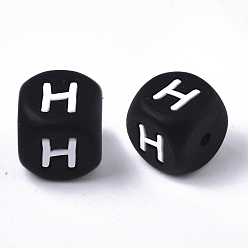 Letter H Пищевые экологически чистые силиконовые бусины, горизонтальное отверстие, кубические, чёрные, letter.h, 12x12x12 мм, отверстие : 2 мм