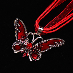 Темно-Красный Кулон в виде бабочки из эмалевого сплава, полиэстеровая лента, вощеный шнур, многорядное ожерелье, платина, темно-красный, 17.72 дюйм (45 см)