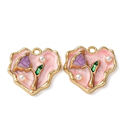 Pink Сплав эмали цветочные кулоны, подвески в форме сердца с искусственным жемчугом и блестящей пудрой, стойки покрытие, золотой свет, розовые, 23x24.5x6 мм, отверстие : 2.2 мм