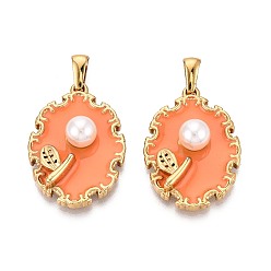 Коралловый 304 подвески из нержавеющей стали, эмали и искусственного жемчуга из АБС-пластика, овал с подвесками в виде стрекоз, золотые, коралл, 31x22x8.5 мм, отверстие : 7.5x2.5 мм