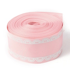 Pink Polyester Printed Grosgrain Ribbon, Single Face Lace Pattern, for DIY Handmade Craft, Gift Decoration  , Pink, 1-1/2 inch(38mm), 10 yards/roll(9.14m/roll)