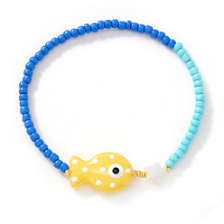 Желтый Эластичные браслеты ручной работы из фарфора и смоляных бусин для женщин, рыба и звезда, с оболочкой, желтые, 6.89 дюйм (17.5 см)